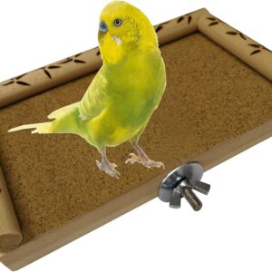 Bird platform stand perch cage accessory - natural wood, dowling perimeter with burn in footstep pattern, bolt, washer and grit mat provided. An essential cage accessory!