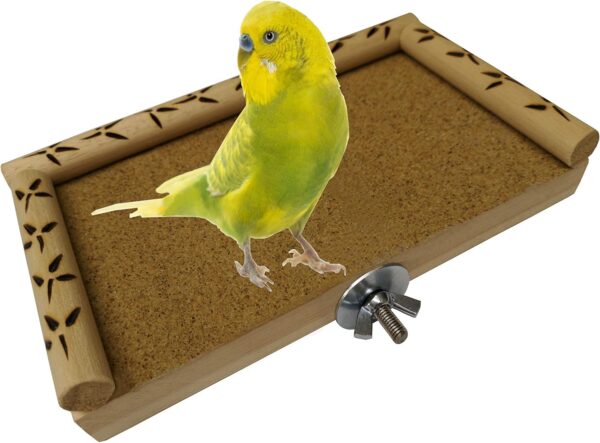 Bird platform stand perch cage accessory - natural wood, dowling perimeter with burn in footstep pattern, bolt, washer and grit mat provided. An essential cage accessory!