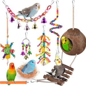 Budgie Toys,ERKOON Bird Toy Parrot Hanging Natural Wooden Budgie Perch Cockatiel Lovebrid Birds House with Ladder Chewing Bell Pet Birds Cage Toy accessories Suitable for Parakeet, Conure, Mynah