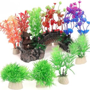 Coolty 12pcs Fish Tank Decorations - 11 Artificial Aquatic Plants with 1 Resin Arch Bridge Colorful Fish Tank Plastic Plants Accessories for Household and Office Aquarium Simulation