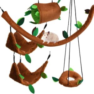 DODUOS Hamster Hammock 5Pcs Rat Bird Parrot Hanging Warm Bed House Cage Nest Accessories Forest Pattern Cage Toy Leaf Hanging Tunnel and Swing for Sugar Glider Squirrel Hamster Playing Sleeping