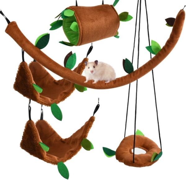 DODUOS Hamster Hammock 5Pcs Rat Bird Parrot Hanging Warm Bed House Cage Nest Accessories Forest Pattern Cage Toy Leaf Hanging Tunnel and Swing for Sugar Glider Squirrel Hamster Playing Sleeping