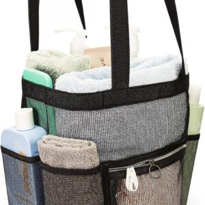 DV Lifestyle Mesh Shower Caddy Dorm, 7 Pockets & 1 with Zipper, Shower Tote with Padded Handles, Travel Shower Caddy Portable, Shower Caddy College Room Essentials, Bathroom Shower Bag (Black)