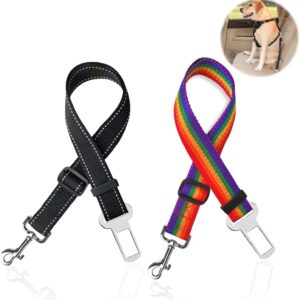 Dog Car Seat Belt, 2 PCS Adjustable Dog Car Harness Universal Pet Safety Belt Car Puppy Seat Belts Clip Pet Travel Accessories for Car (Rainbow, Black)