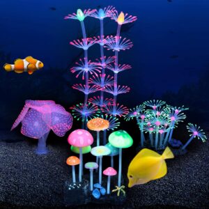 Filhome Glowing Fish Tank Decorations Plants, 4 pcs Glow Aquarium Coral Ornament Decorations Glowing Mushroom Coral Plant Lotus Kelp and Anemone