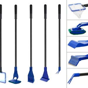 Fish Tank Cleaning Kit,5 in 1 Aquarium Glass Tank Cleaner Set with Fish Net, Gravel Rake, Plant Fork, Algae Remover Scraper, Sponge Brush, Handle, Connector, Tropical Fish Tank Clean Accessories Tools