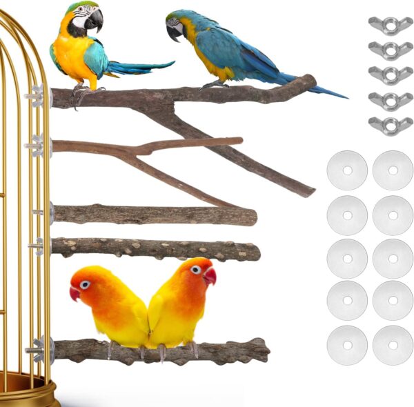 Geboor 5Pcs Wood Bird Perch Parrot Perches for Cage Stand Set Parrot Stand Branches Fork Perch Rod Stand for Small Parakeets Budgies Cockatiels Conure Lovebirds