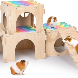 Guinea Pig Hideout, Guinea Pig House with Stairs and Mats Extra Large Guinea Pig Castle Detachable Hideouts for Small Animals Wooden Guinea Pig Habitats with Multiple Doors and Windows