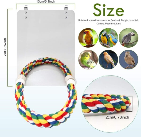 HYLYUN 7 Inch Bird Mirror with Rope Perch Cockatiel Mirror for Cage Bird Toys Swing Parrot Cage Toys for Parakeet Cockatoo Cockatiel Conure Lovebirds Finch Canaries