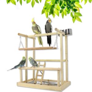 Holzsammlung Bird Playground, Wooden Parrot Stand Bird Play Stand, Parrot Perch Stand with Ladder, Bird Play Gym Toy Cage Accessories for Small Middle Parakeets Cockatiels Finches Budgie Lovebirds