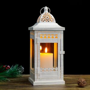 JHY DESIGN Decorative Candle Lanterns Vintage Style Hanging Lantern Metal Candleholder for Indoor Outdoor Events Parties and Weddings(Beige with Gold Brush)