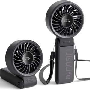 JISULIFE Handheld Fan Life7,2024 Powerful Portable Fan with LED Display,19.5Hrs Max Cooling,5000mAh,150°Folded,5 Speeds,Lanyard; 3-IN-1 Hand/Desk/Neck Fan,Travel Essentials Gifts for Women/Men(Black)…