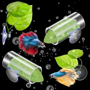 Juexica 6 Pcs Betta Fish Acrylic Tube Tunnel Hollow Betta Fish Cave with Betta Fish Leaf Pad Betta Fish Tank Accessories for Aquarium Decor Fish Tank Accessories Decorations Shrimp Hideout Design Tube