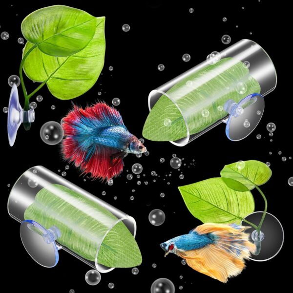 Juexica 6 Pcs Betta Fish Acrylic Tube Tunnel Hollow Betta Fish Cave with Betta Fish Leaf Pad Betta Fish Tank Accessories for Aquarium Decor Fish Tank Accessories Decorations Shrimp Hideout Design Tube
