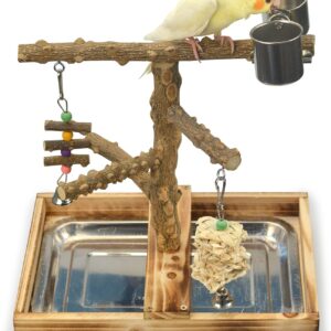 LIMIO Natural Wood Bird Toys Playground, Bird Cage Accessories, Bird Perches, with Removable Tray and 2 Stainless Steel Cups