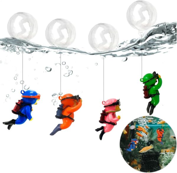 LZGOPE 4 PCS Fish Tank Decorations, Mini Fish Tank Decorations, Floating Diver Fish Tank Decorations with Water Globes and Fish Line, Resin Aquarium Accessories for Home Office Fish Tank Decorations