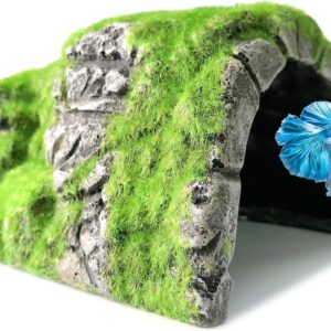 M2cbridge Aquarium Decorations Fish Hideout House Betta Cave with Green Lifelike Moss (Betta Rock Cave)