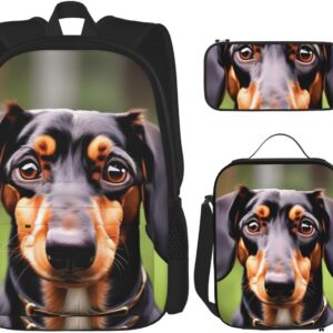 MQGMZ Dachshund Weiner Pet Dogs Print Travel Backpack3 Pcs Set,Lightweight Water Resistant Bookbag,Lunch Bag,Pencil Case