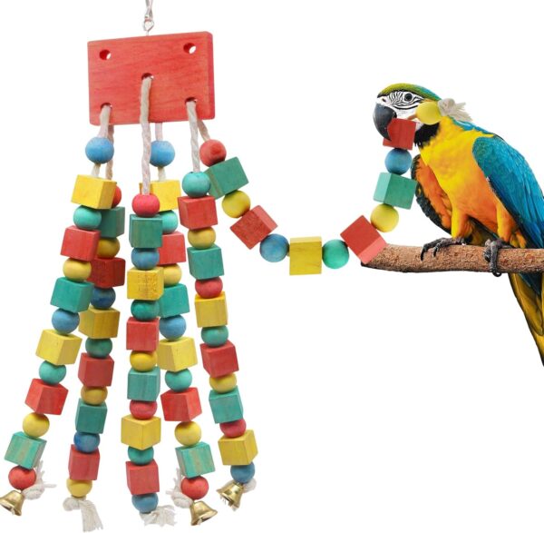 MQUPIN Newest Bird Chewing Parrot Toys,Parakeet Cage Bite Toys,Hanging Chewing Multicolored Wooden Blocks Tearing Budgie Toys for Small Parrots Cockatiels African Grey Parrot Toys(Colorful)