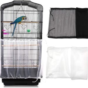 Mngren 2Pcs Bird Cage Cover, Adjustable Soft Airy Nylon Mesh Parrot Net, Universal Feather Seed Catcher, Birdcage Cover Skirt Sheer Guard for Round Square Bird Cages (White +Black)