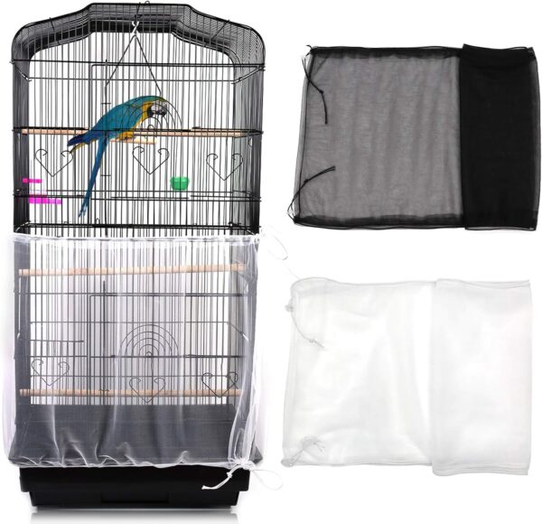 Mngren 2Pcs Bird Cage Cover, Adjustable Soft Airy Nylon Mesh Parrot Net, Universal Feather Seed Catcher, Birdcage Cover Skirt Sheer Guard for Round Square Bird Cages (White +Black)