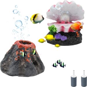 MultiValue 2 Pcs Fish Tank Decorations, Mini Artificial Volcano Aquarium Ornaments Cute Scallop Pearl Fish Tank Ornament, Can Use for Oxygen Pump, Lovely Small Fish Tank Accessories (Volcano+Scallop)