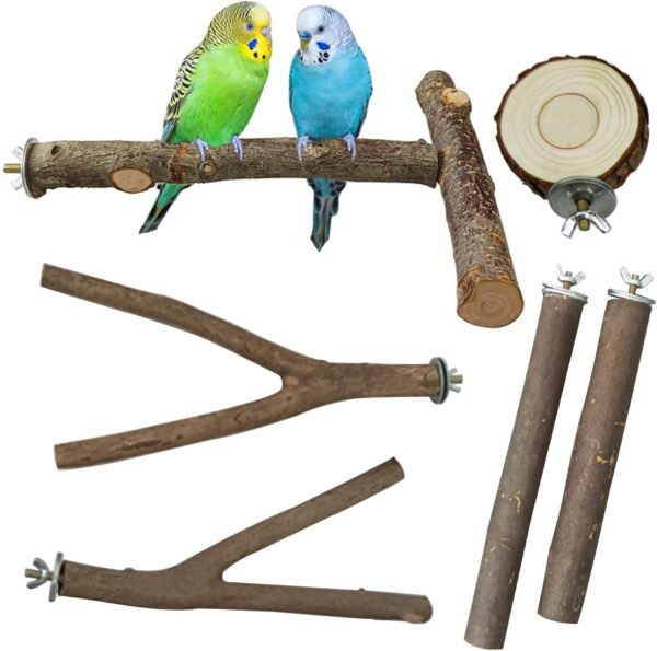 NA Allazone 6 PCS Natural Wood Bird Perch Stand, T shape Bird Parrot Perch Stand Set, Wooden Parrot Perch Stand Perch Platform Cage Accessories for Parrotlets Cockatiels