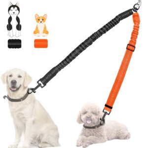 Nasjac Double Dog Leash Coupler, No Tangle Split Lead for Walking 2 Pet Dogs, Adjustable Reflective Safety Shock Absorbing Bungee Leads Splitter for Training Dual Doggy, Medium & Large Breeds