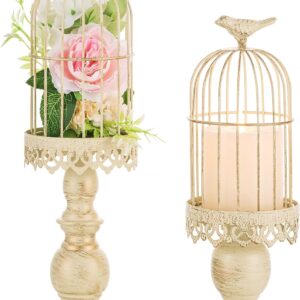 Nuptio Bird Cage Candle Holders: Ivory Shabby Chic Candle Holder for Pillar Candles, Vintage Metal Birdcage Decoration Wedding Tabletop Centre Pieces Christmas Halloween Living Room Mantle, 2 Pieces