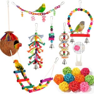 Parakeet Toys Bird Parrot Toys Colorful Swing Chewing Hanging Toys with Bells Climbing Ladder Coconut Bird Cage Toys for Small Cockatiels,Conures,Finches,Budgie,Macaws,Love Birds