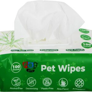 Pet Guru® Dogs & Cats 100% Plastic Free Biodegradable Multi-Purpose Cleaning Pet Wipes Fiber Plant Based Alcohal Free Pet Wipes (100 Wipes, Unscented)