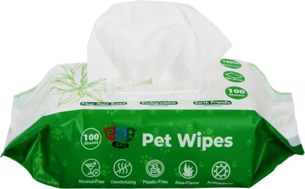 Pet Guru® Dogs & Cats 100% Plastic Free Biodegradable Multi-Purpose Cleaning Pet Wipes Fiber Plant Based Alcohal Free Pet Wipes (100 Wipes, Unscented)