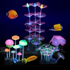 Podazz 4 Pack Glow Aquarium Decorations Coral Reef Glowing Mushroom Anemone Simulation Coral Plant Glowing Effect Silicone for Fish Tank Decorations