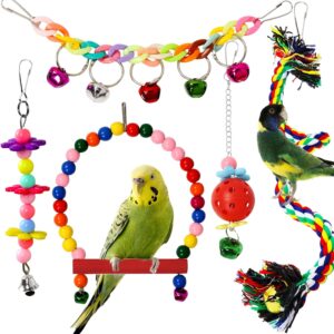 QUOZUO 5 pcs Bird Toys Parakeet Cage Accessories, Swing Hanging Standing Chewing Parakeet Toys for parakeets, Cockatiel, Parrot