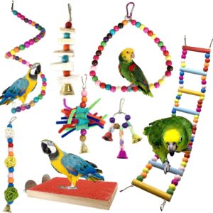 QUOZUO 8pcs Bird Cages Accessories, Colorful Bird Perch Stand Platform, Wooden Ladders Hammock, Swings Bird Parrot Toys with Bells for Small and Medium Birds