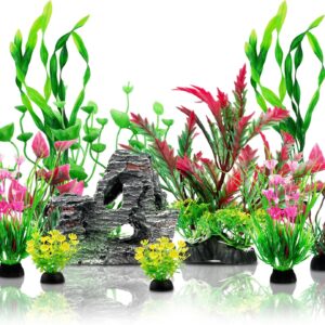 QUOZUO Fish Tank Accessories Aquarium Plants, 12pcs Colorful Fish Tank Artificial Plants and Cave Rock Decor Set, Aquarium Decorations Plants