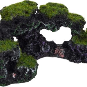 Relaxdays Aquarium Decoration, Mossy Rocks, Natural Look, Fish Tank Ornament, Shells, HxW 8.5 x 17 cm, Black/Green, Polyresin, Pack of 1