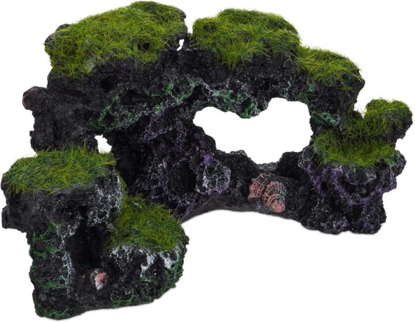 Relaxdays Aquarium Decoration, Mossy Rocks, Natural Look, Fish Tank Ornament, Shells, HxW 8.5 x 17 cm, Black/Green, Polyresin, Pack of 1