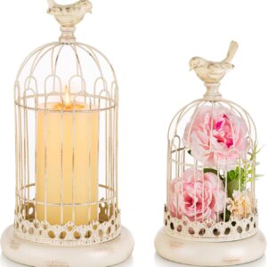 Sziqiqi Decorative Candle Holder Bird Cage 27cm & 37cm - Retro Metal Cage Candle Lanterns for Pillar Candles for Wedding Table Centerpiece Shabby Chic Country Home Accessories Fireplace Decor, White