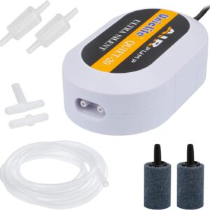 Uniclife Quiet 20 Aquarium Air Pump Dual outlet with Accessories for 40L Fish Tank, White