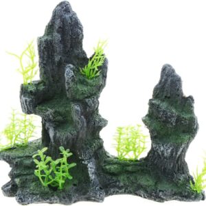 Uotyle Aquarium Mountain View,Rocks Hideout Cave Resin Fish Tank Stone Ornament with Small Plants for Small Betta Shrimp to Swim Hide Play, 6.7 x 3.2 x 5.9 inch