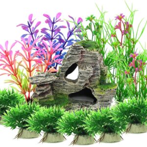 Vibury Aquarium Decoration Plants with Rockery View, 13pcs Green Aquarium Plants Plastic and Aquarium Mountain Reef Rock Cave Resin Fish Tank Ornament Decoration