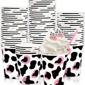 Whaline 50 Pcs Cow Print Disposable Paper Cups 9 oz Western Cowgirl Coffee Tea Cups Pink Black Cow Beverage Drinking Cups Disposable Small Snack Cups for Cow Theme Farm Animal Party Supplies