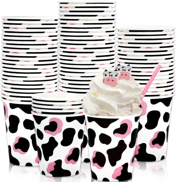 Whaline 50 Pcs Cow Print Disposable Paper Cups 9 oz Western Cowgirl Coffee Tea Cups Pink Black Cow Beverage Drinking Cups Disposable Small Snack Cups for Cow Theme Farm Animal Party Supplies