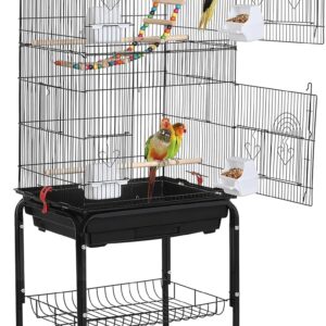 Yaheetech Bird Cage Large Roof Top Budgie Cage Metal Parrot Cage with Rolling Stand for Cockatiel Parakeet Finch Lovebird Black