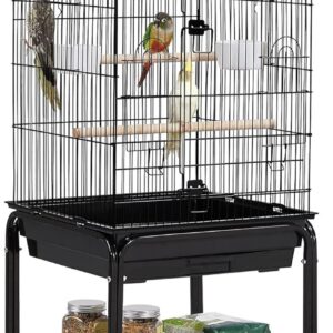 Yaheetech Parrot Cage Bird Cage Open Play Top Budgie Cage with Detachable Stand for Mid-Sized Cockatiel Sun Parakeet Green Cheek Conure Black