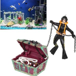 Yakamoz Aquarium Ornament Action Undersea Treasure Chest Diver Fish Tank Decorations, Black