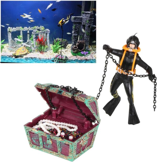 Yakamoz Aquarium Ornament Action Undersea Treasure Chest Diver Fish Tank Decorations, Black