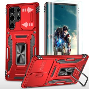 YmhxcY For Samsung Galaxy S22 Ultra Case,With 2*PET Screen Protector, With Slide Camera Cover，Military Grade Protective Case,360° Rotate Metal Stand For Samsung Galaxy S22 Ultra 6.8''-Red