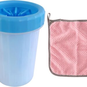 1 Piece Blue Pet Foot Washing Cup with 1 Piece Pink Rag, Portable Dog Paw Cleaner, Silicone Bristle Pet Cleaning Machine, Suitable for Removing Stains, Mud, And Debris